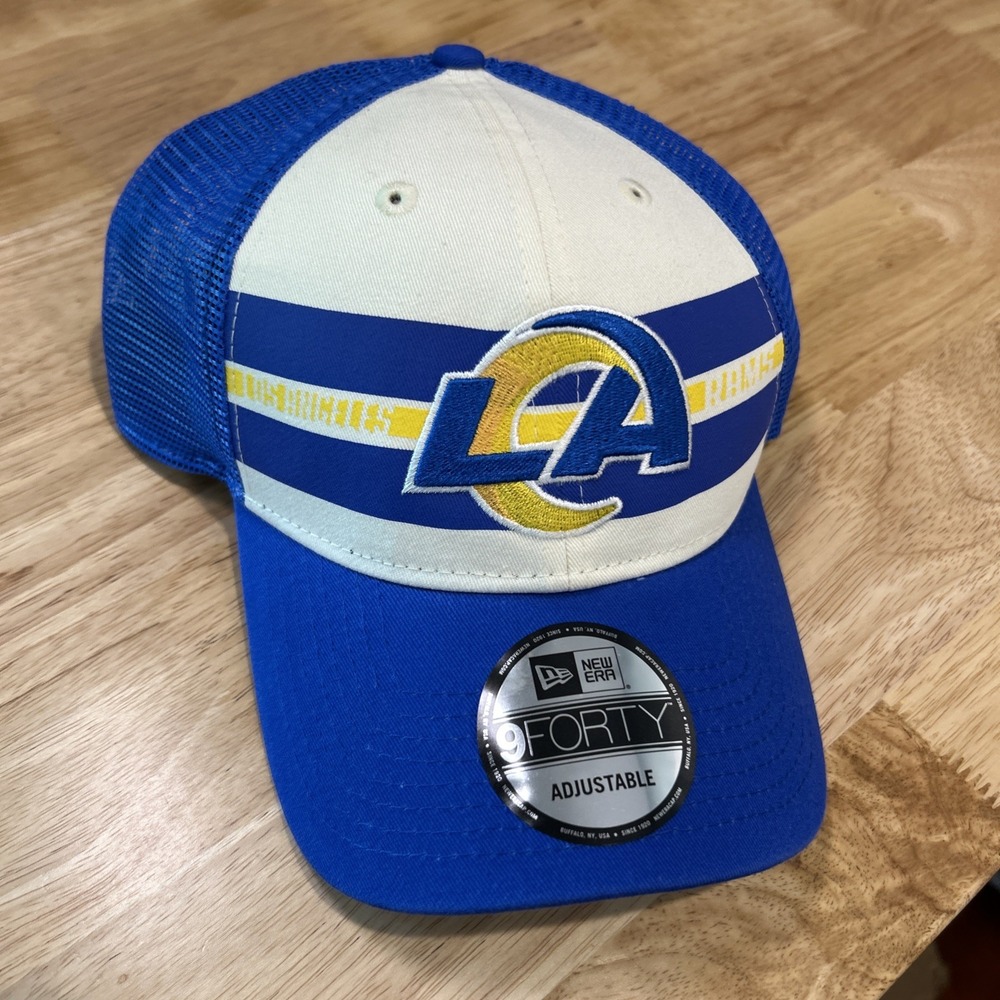 Los Angeles Rams New Era Team Stripe Trucker 9FORTY Snapback Hat - Cream/Royal